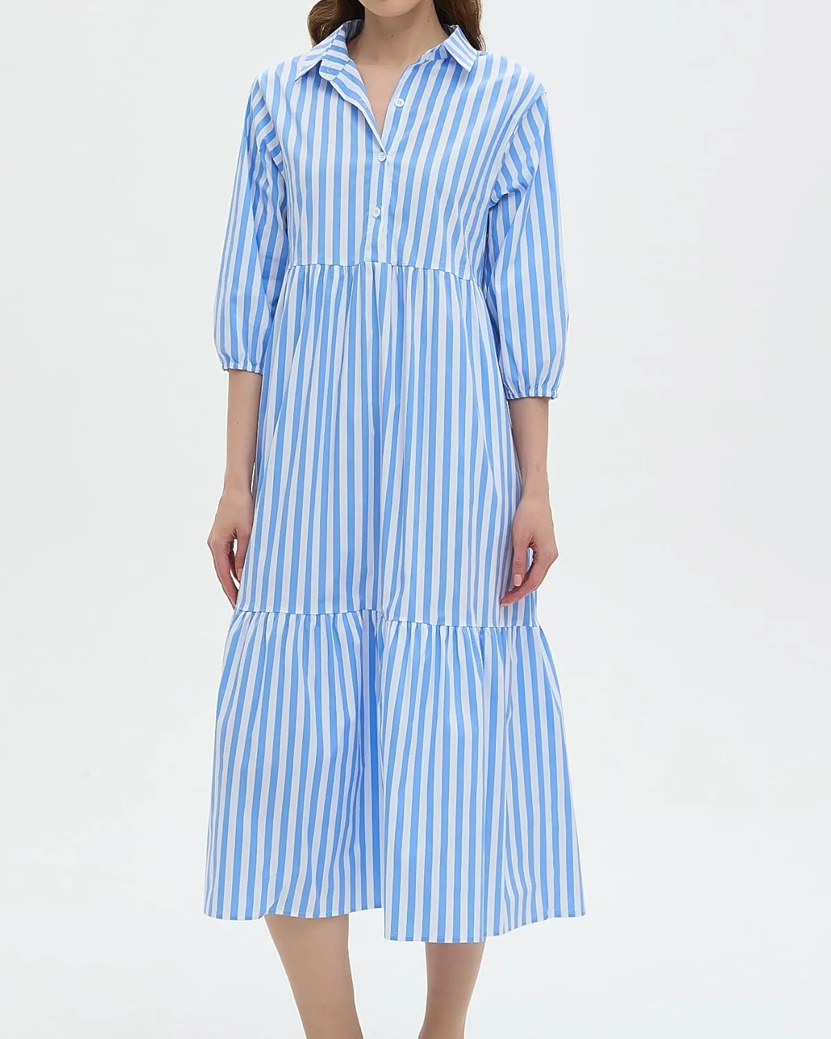 Womens Babydoll Striped Shirt Midi Dress Puff Long Sleeve Collared Button Tunic Flowy Swing Dresses