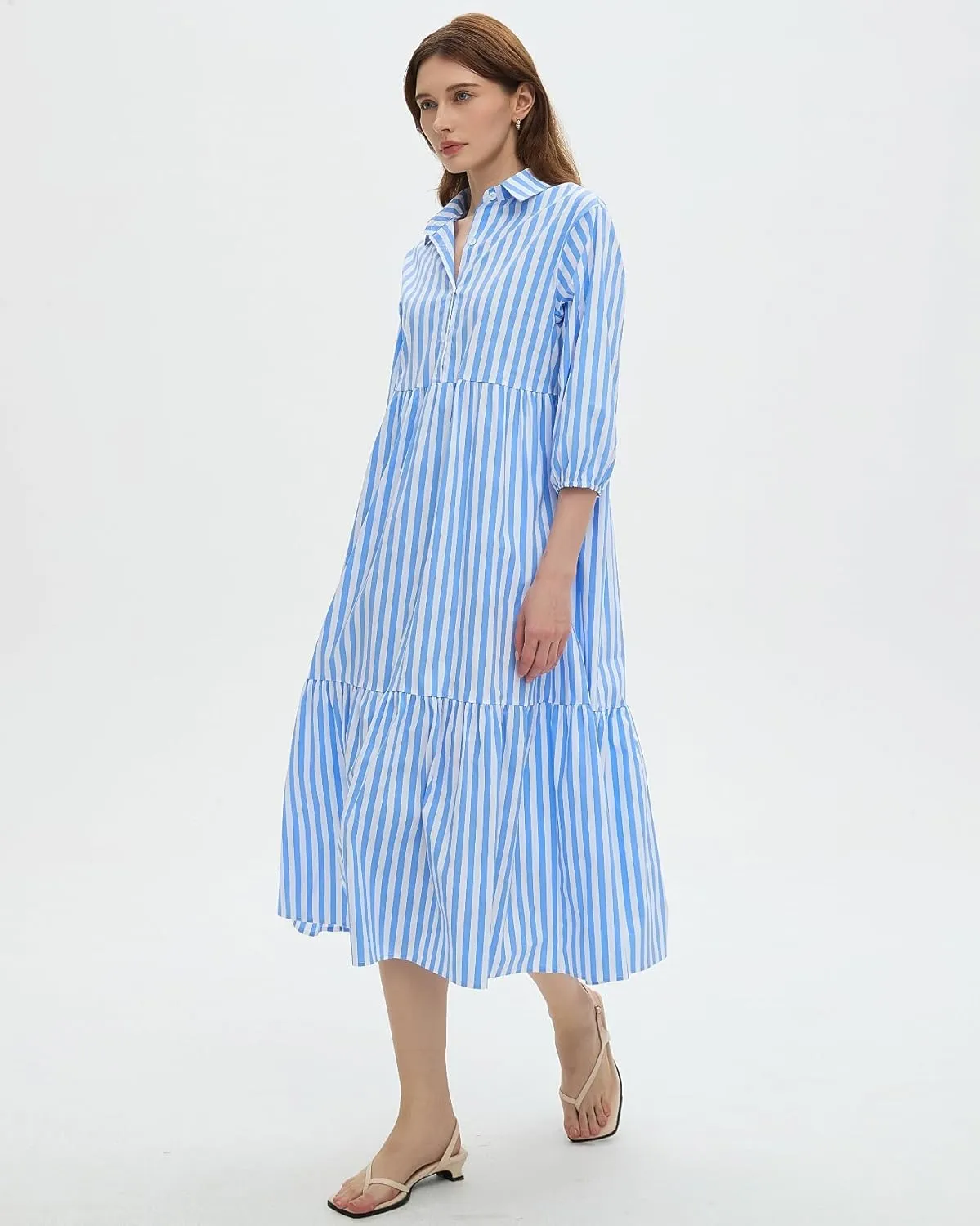 Womens Babydoll Striped Shirt Midi Dress Puff Long Sleeve Collared Button Tunic Flowy Swing Dresses