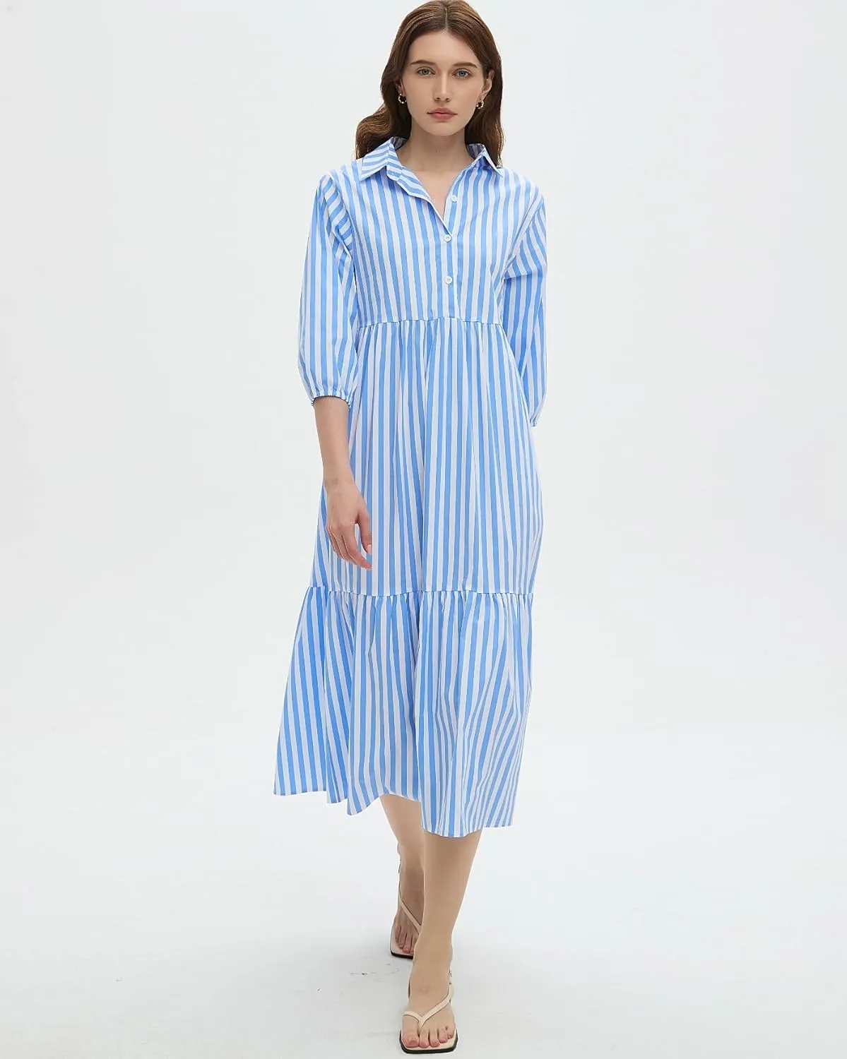 Womens Babydoll Striped Shirt Midi Dress Puff Long Sleeve Collared Button Tunic Flowy Swing Dresses