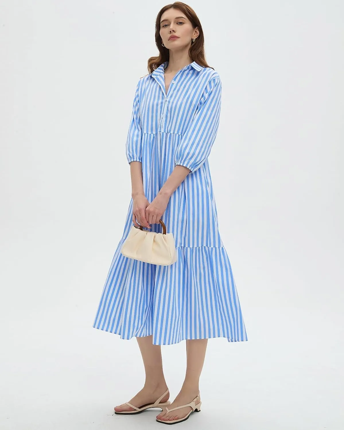 Womens Babydoll Striped Shirt Midi Dress Puff Long Sleeve Collared Button Tunic Flowy Swing Dresses
