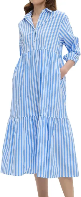 Womens Babydoll Striped Shirt Midi Dress Puff Long Sleeve Collared Button Tunic Flowy Swing Dresses