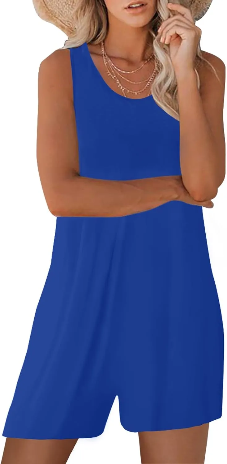 Womens Summer Casual Sleeveless Rompers Tank Crewneck Wide Leg Loose Shorts Jumpsuit Overalls with Pockets