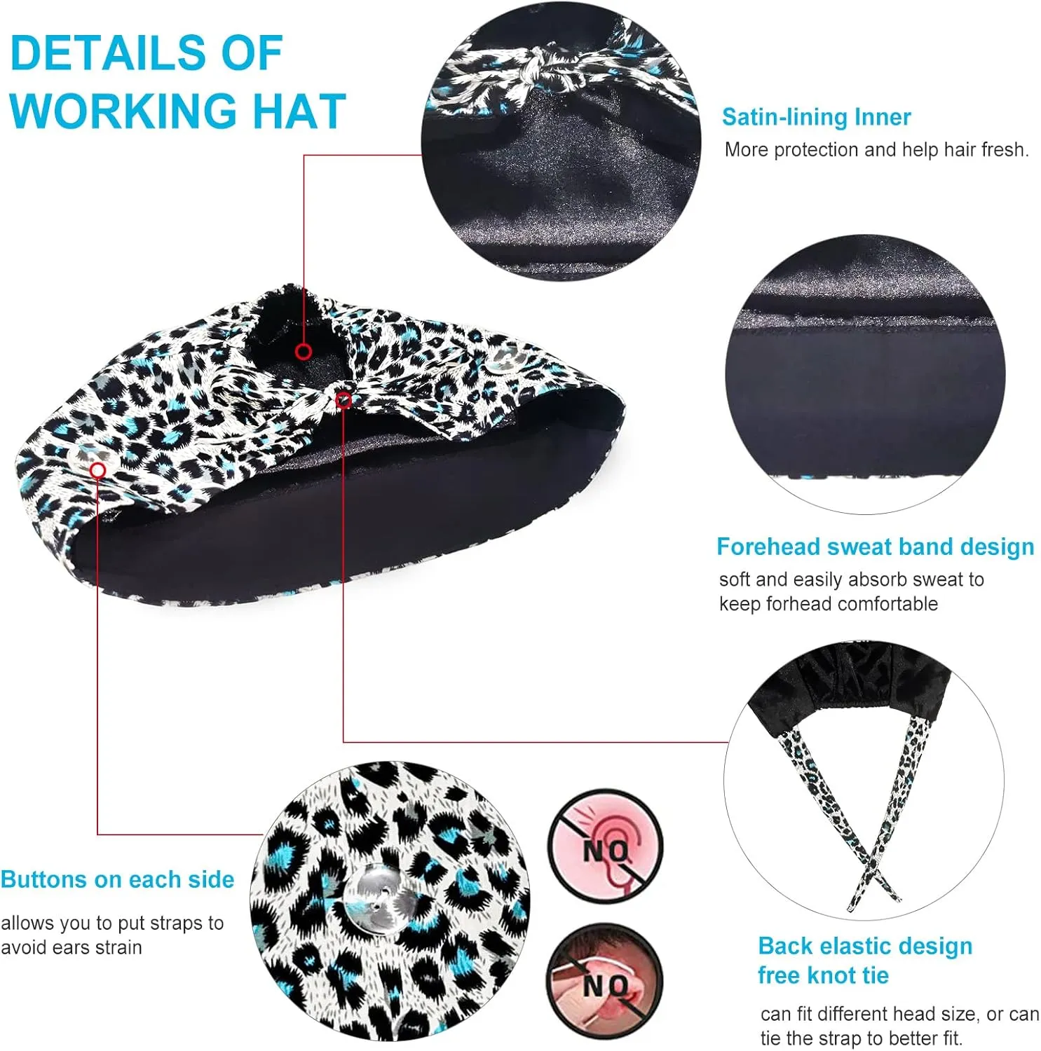 Working Cap with Silky Inner - Cotton Hat with Sweatband and Buttons, Adjustable Tie Back Ponytail, One Size